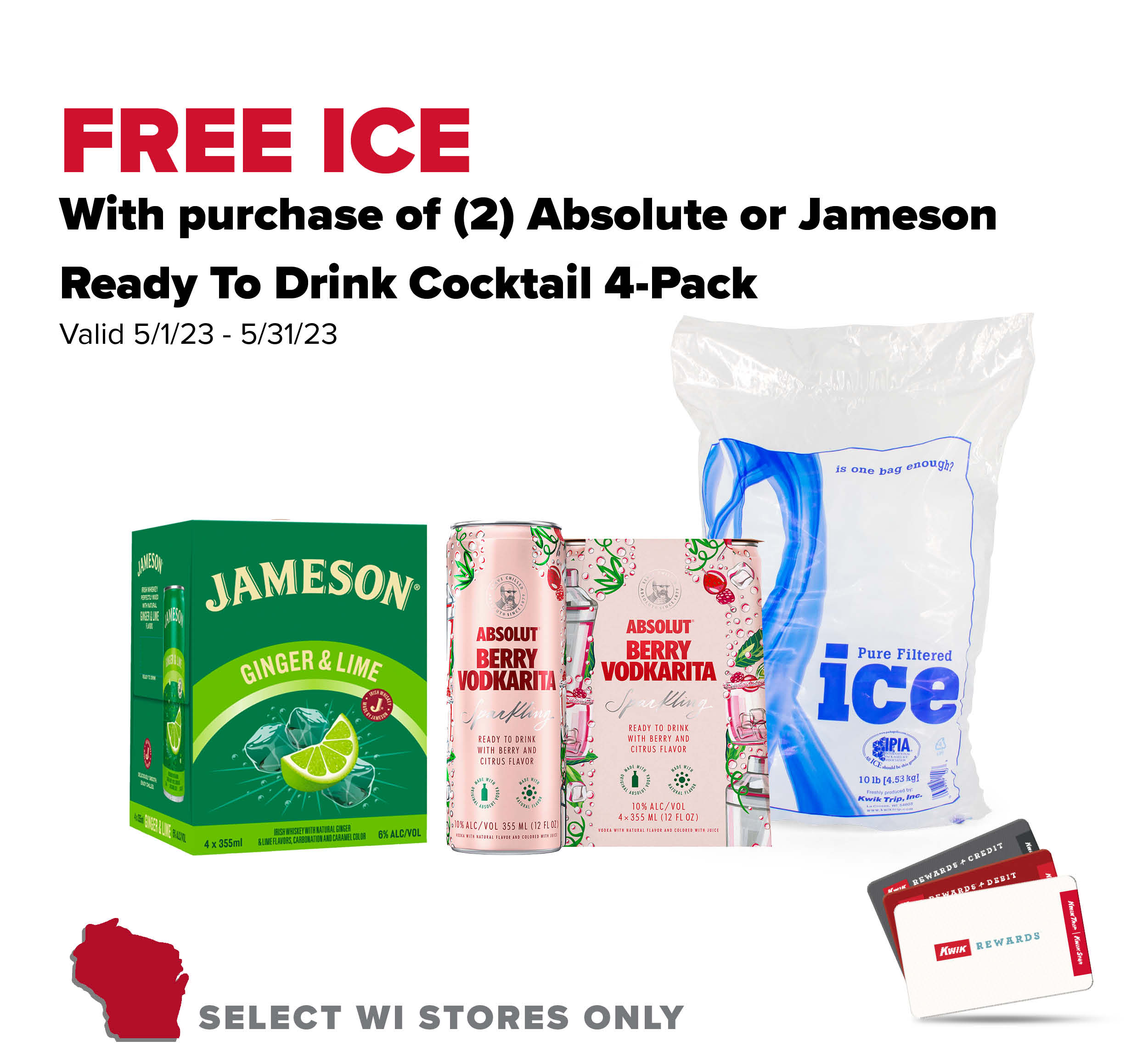 Free Ice with Absolute or Jameson Ready to drink Cocktails 4 Pack