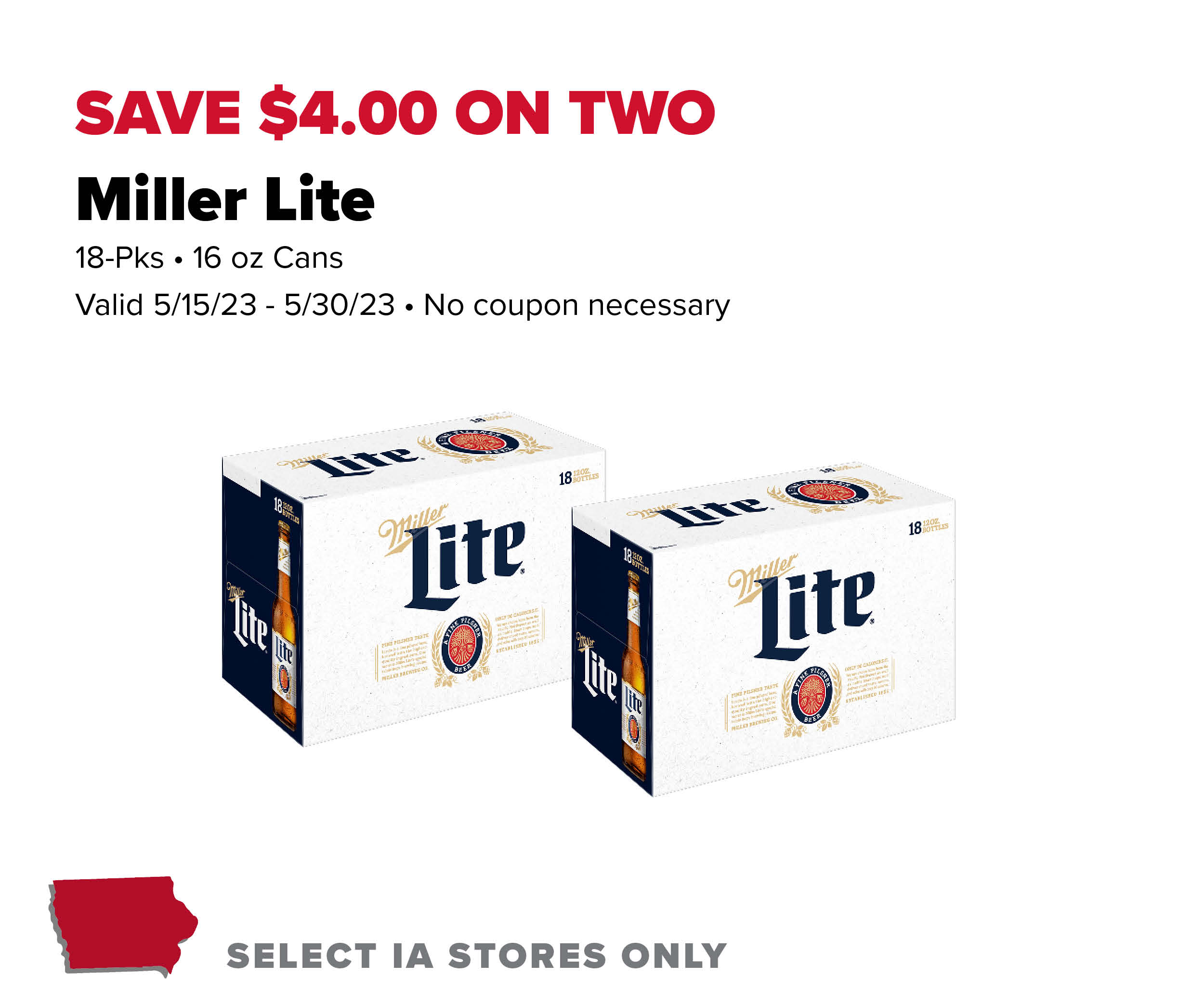 Save $4 on two Miller like 18 packs of 16 oz cans