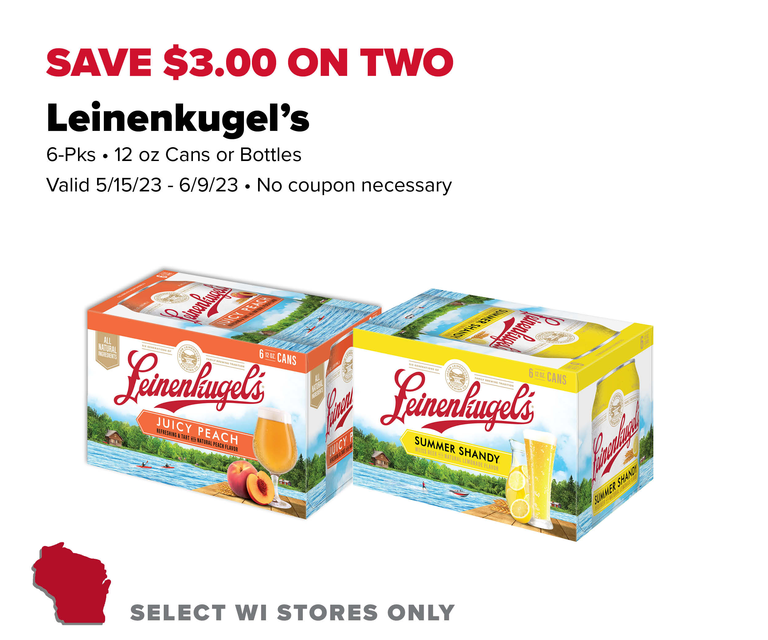 Save $3 on two Leinenkugel's 6-packs 12 ounce cans or bottles