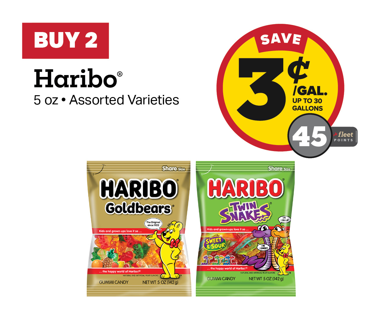 Buy 2 Haribo Bags Earn 3 Cents per Gallon or 45 Fleet Points