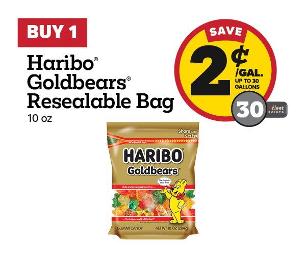 Buy 1 Haribo 10oz Stand Up Bags Earn 2 Cents Per Gallon or 30 Fleet Points