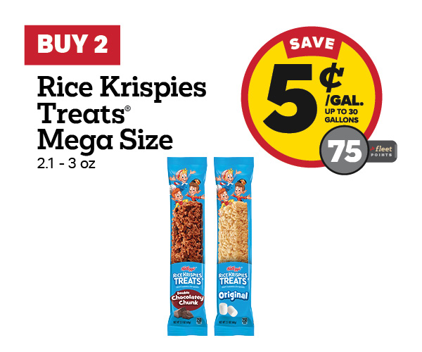 Buy 2 Rice Krispies Treats Mega Size Earn 5 Cents Per Gallon or 75 Fleet Points