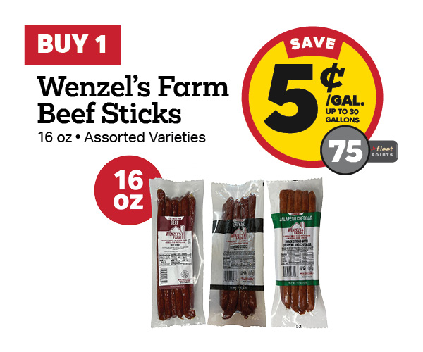 Buy 1 Wenzel's Farm 16oz Snack Sticks Earn 5 Cents Per Gallon or 75 Fleet Points