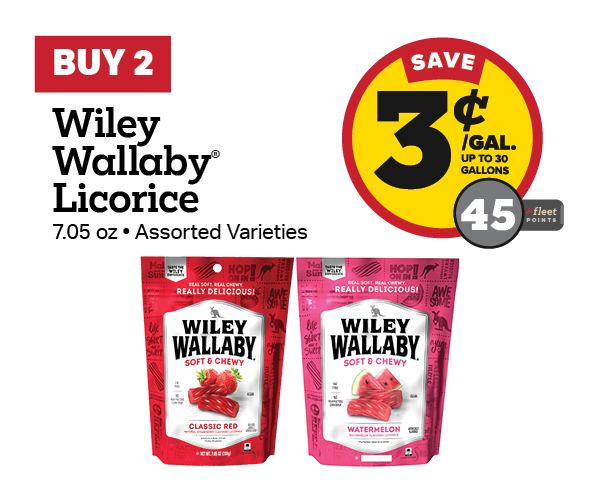 Buy 2 Wiley Wallaby Licorice 7.05oz Earn 3 Cents Per Gallon or 45 Fleet Points