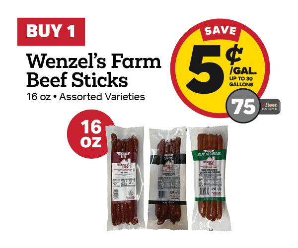Buy 1 Wenzel's Farm 16oz Snack Sticks Earn 5 Cents Per Gallon or 75 Fleet Points