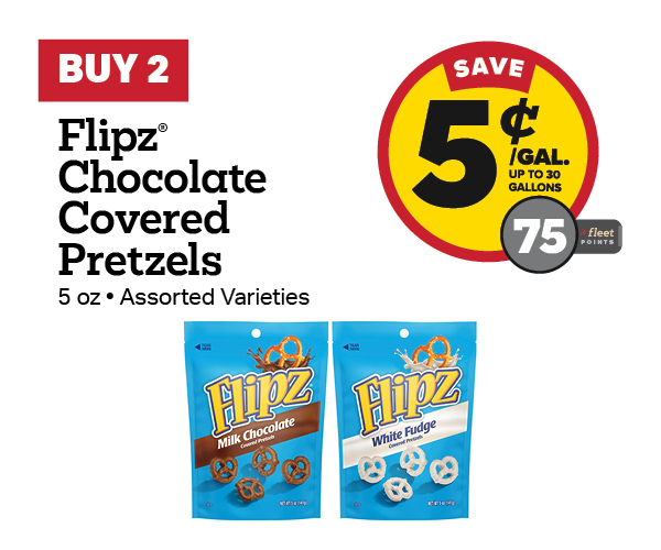Buy 2 Flipz 5oz Chocolate Covered Pretzels Earn 5 Cents Per Gallon or 75 Fleet Points
