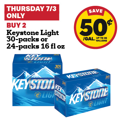 Buy 2 Keystone Light 30-Packs or 24-Packs 16 fl oz and receive a 50 cent fuel discount