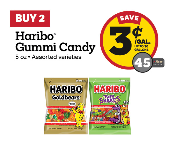 Buy 2 Haribo 5oz Peg Bags – 3¢/gal or 45 Fleet Points