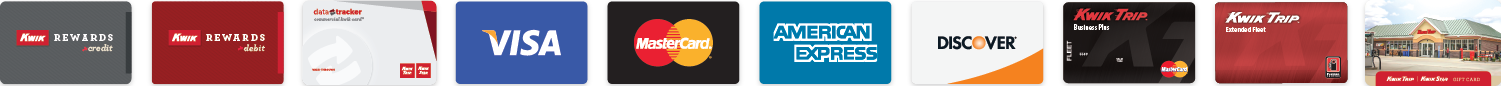 Kwik rewards debit and plus cards, data tracker, fleet and extended fleet, kwik trip gift cards, major credit and debit cards (visa, mastercard, discover, american express)