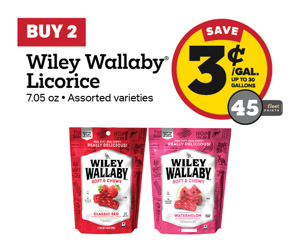 Buy 2 Wiley Wallaby Licorice 7.05oz Earn 3 Cents Per Gallon or 45 Fleet Points