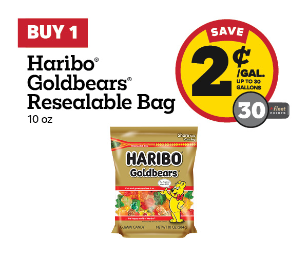 Buy 1 Haribo 10oz Stand Up Bags Earn 2 Cents Per Gallon or 30 Fleet Points