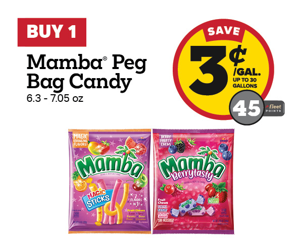 Buy 1 Mamba Peg Bag Candy 6.3-7.05oz Earn 3 Cents Per Gallon or 45 Fleet Points