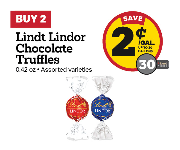 Buy 2 Lindt Chocolate Truffles Earn 2 Cents Per Gallon or 30 Fleet Points