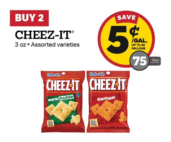 Buy 2 Cheez-It 3oz Earn 5 Cents Per Gallon or 75 Fleet Points