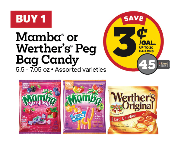 Buy 1 Mamba or Werther's Peg Bag Candy 5.5-7.05oz Earn 3 Cents Per Gallon or 45 Fleet Points