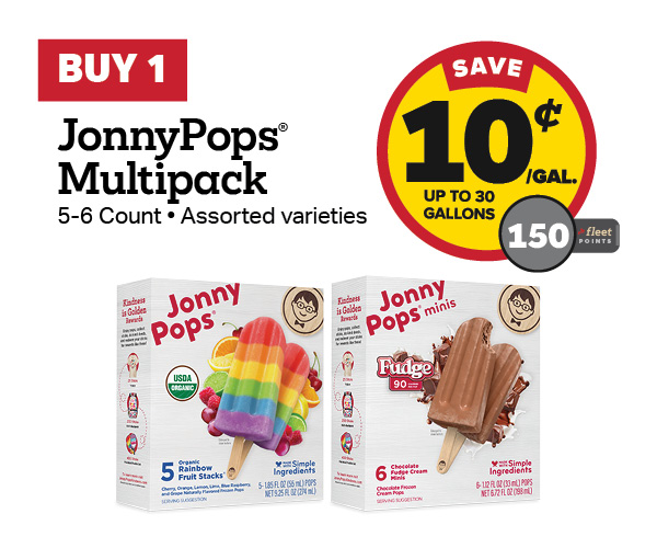 Buy 1 JonnyPops 5-6 Count Box Earn 10 Cents Per Gallon or 150 Fleet Points