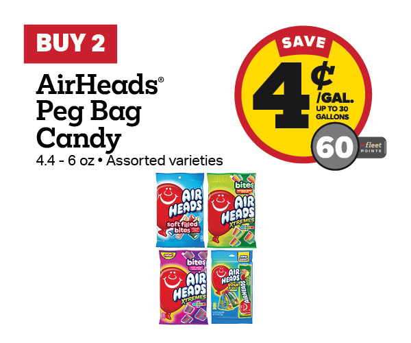 Buy 2 AirHeads Peg Bag 4.4-6oz Candy Earn 4 Cents Per Gallon or 60 Fleet Points