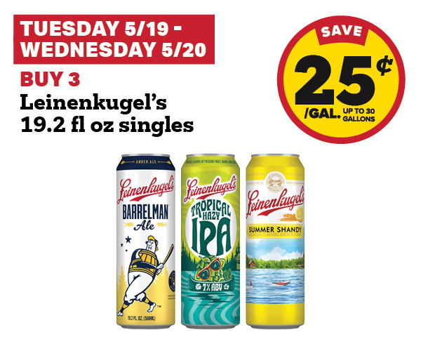 5/19-5/20: Buy 3 leinenkugel's 19.2 fl oz singles get 25 cent fuel discount