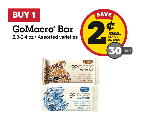 Buy 1 GoMacro Bar 2.3-2.4oz Earn 2 Cents Per Gallon or 30 Fleet Points