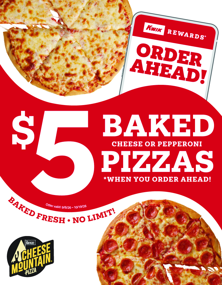 $5 baked cheese or pepperoni pizzas when you order ahead - no limit